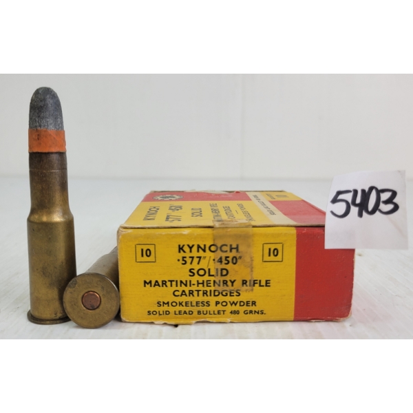 AMMO: 10X KYNOCH .577"/.450" SOLID MARTINI-HENRY RIFLE CARTRIDGES - 480GR