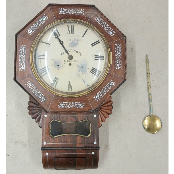 P.E. POULIN & CO. QUEBEC ROSEWOOD & MOTHER OF PEARL WALL CLOCK - CIRCA 1840s - 1880s