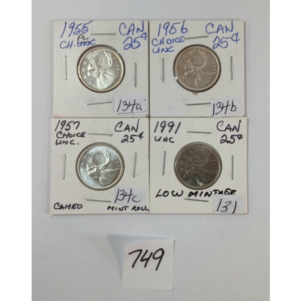 LOT OF 4 - 1955-1957 & 1991 CDN 25 CENT COINS - UNCIRCULATED