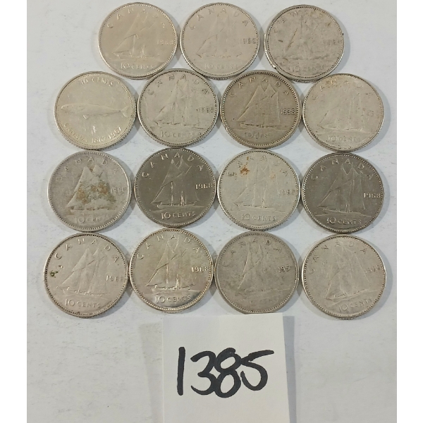 LOT OF 15 - 1938-1968 CDN SILVER DIMES