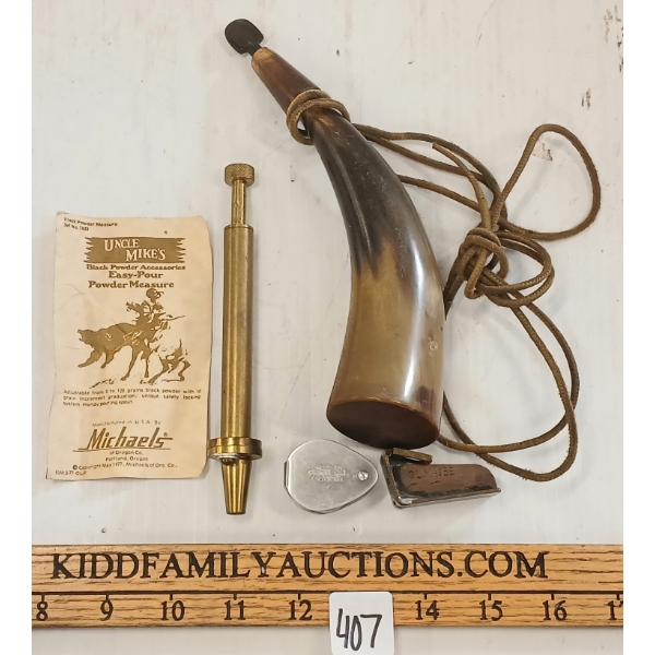 LOT OF 4 - POWDER HORN, FRENCH BRASS SIGHT, BRASS BLACK POWDER MEASURER & GOWLLANDS MAGNIFIER