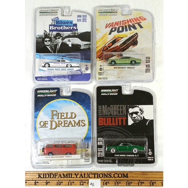 LOT OF 4 - GREENLIGHT DIECAST BLUE BROTHERS, FIELD OF DREAMS, STEVE MCQUEEN & VANISHING POINT
