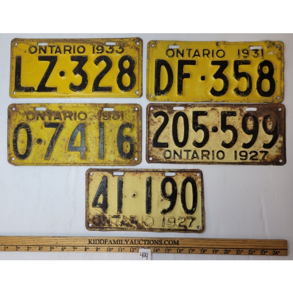 LOT OF 5 - 1927, 1931 & 1933 ONTARIO LICENCE PLATES