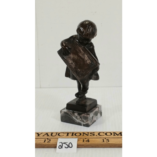 BRONZE CHILD HOLDING BOOK BY AUGUSTO PASSAGLIA - ON MARBLE BASE