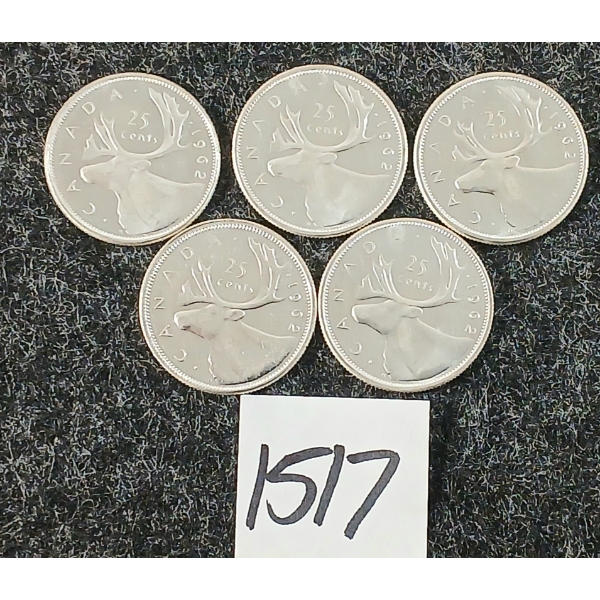 LOT OF 5 - 1962 CDN 25 CENT SILVER COINS