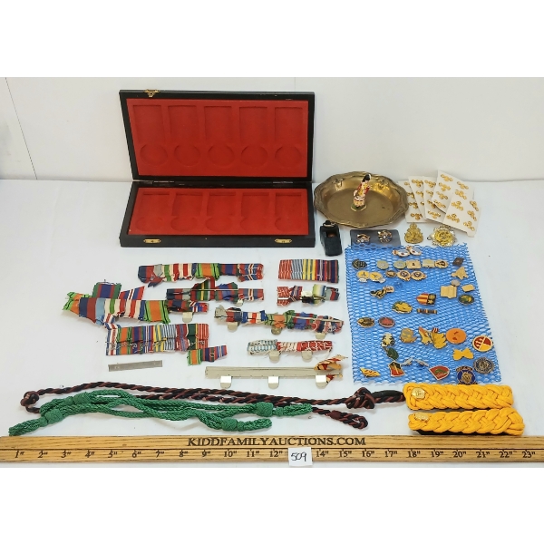 JOB LOT - MEDAL BARS, SHOULDER PCS, BRASS TRAY, MISC PINS, ETC