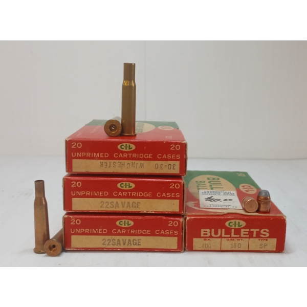 BRASS / BULLETS: 110X C.I.L. .30-30WIN, .22SAV BRASS & 400DIA BULLETS