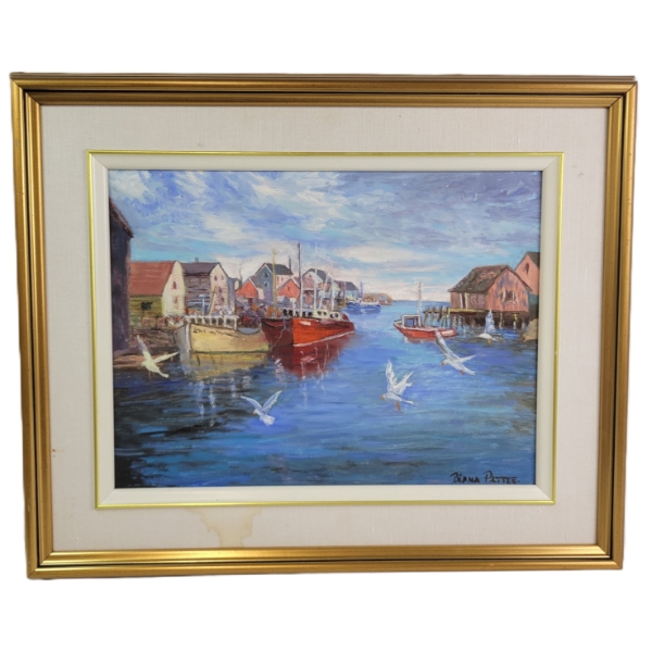 "BRISK MORNING, PEGGY'S COVE" BY DIANA PATTEE(1926 - 2013) - FRAMED OIL ON CANVAS BOARD