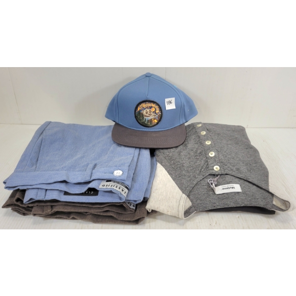 LOT OF 5 - MEN'S T-SHIRTS, SHORTS & HAT - MFG CLASSIFIED, ALL-DAY APPAREL, LIFETIME & POLER