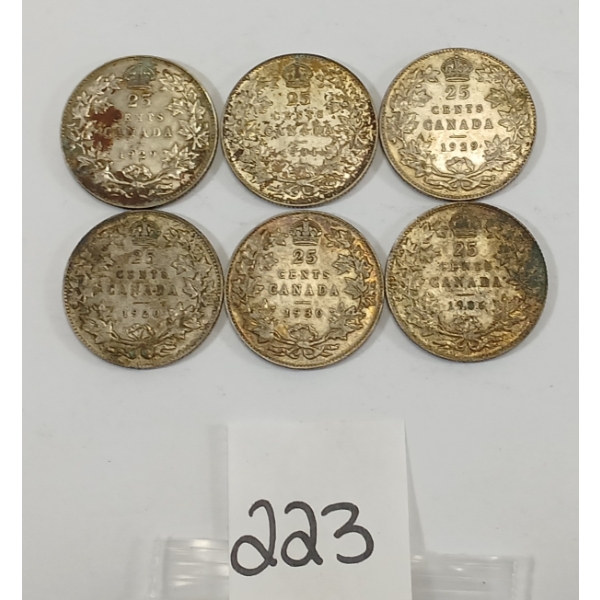 LOT OF 6 - 1920-1936 CDN SILVER 25 CENT PCS