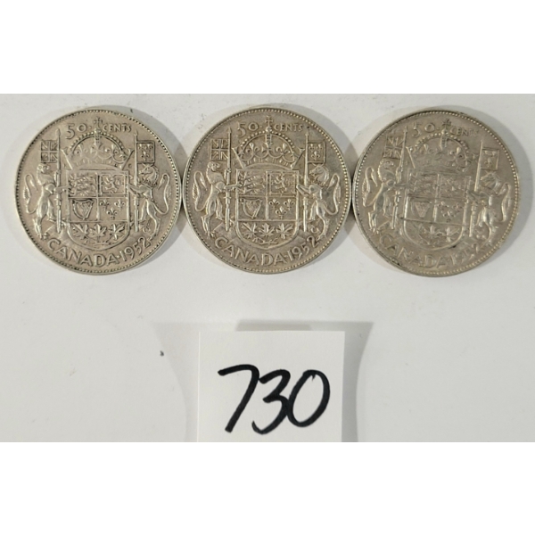 LOT OF 3 - 1952 CDN 25 CENT SILVER COINS