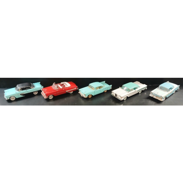 LOT OF 5 - 1958 FORD EDSEL, 1956 PLYMOUTH, 1954 CHEVY BEL AIR, ETC - DIECAST MODELS