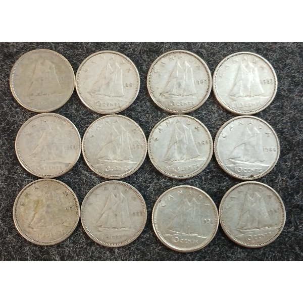 LOT OF 12 - 1950-1966 CDN 10 CENT COINS