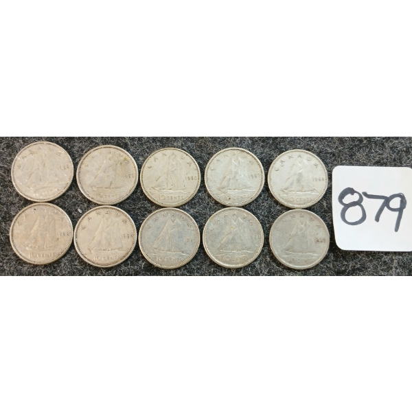 LOT OF 10 - 1943-1966 CDN 10 CENT COINS