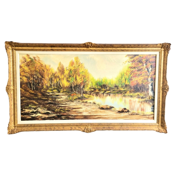 AUTUMN SUNRISE AT THE RIVER BY LEONI - FRAMED OIL ON CANVAS