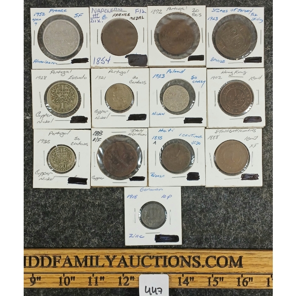 LOT OF 13 - MISC WORLD COINS - 1895 HAITI 1 CENT, 1888 STRAIT SETTLEMENTS 1 CENT, ETC