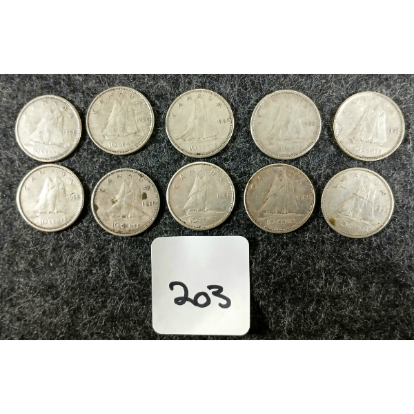 LOT OF 10 - 1952-1965 CDN 10 CENT COINS