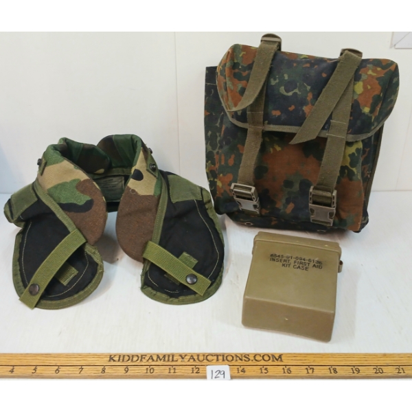 LOT OF 3 - FIRST AID KIT, COLLAR OUTERSHELL ARMOUR & GAS MASK BAG