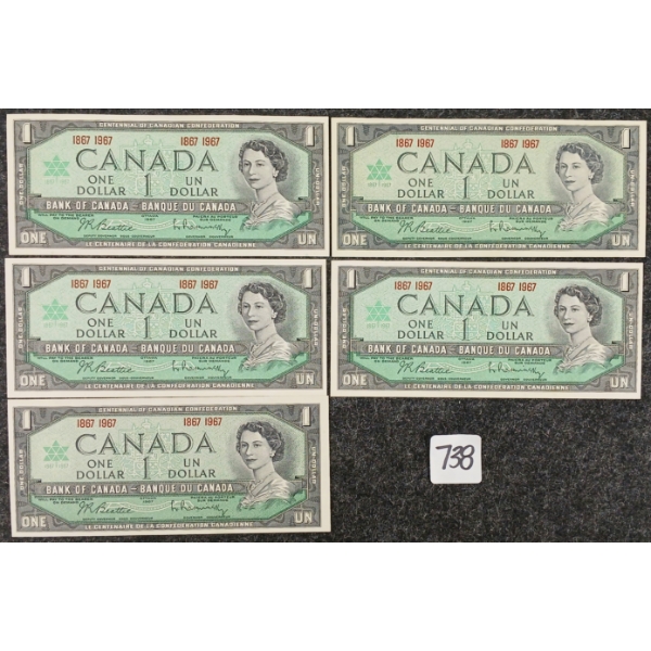 LOT OF 5 - 1967 CDN $1 BANKNOTES - UNCIRCULATED