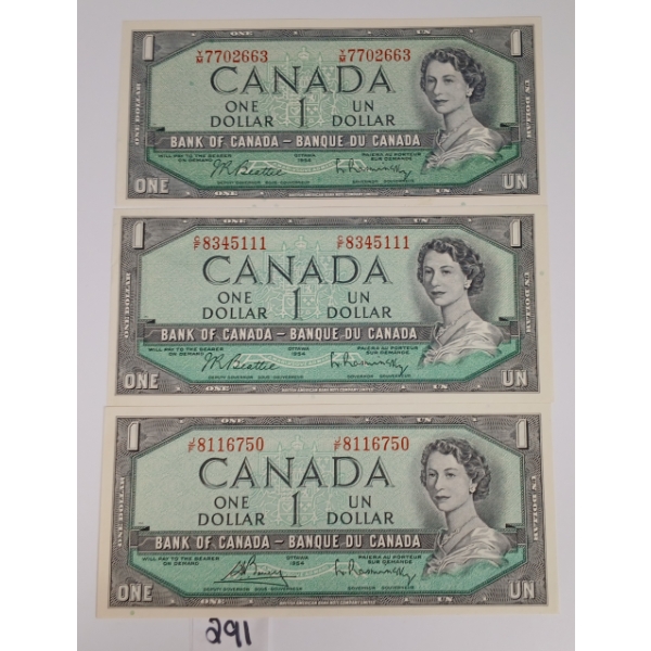 LOT OF 3 - 1954 CDN $1 BANKNOTES