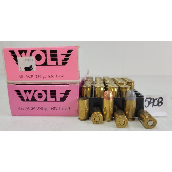 AMMO / BRASS: 100X WOLF .45ACP - 230GR - RN - 14X BRASS ONCE FIRED