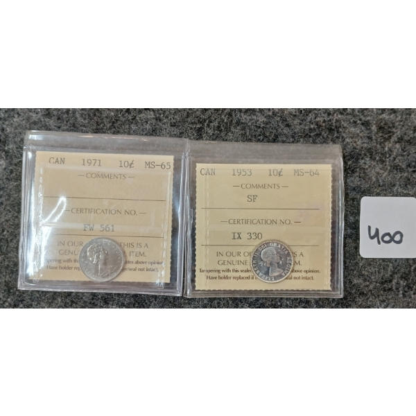 LOT OF 2 - 1953 & 1971 CDN 10 CENT COINS - ICCS GRADED