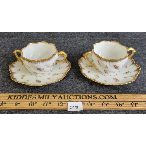 LOT OF 2 - LIMOGES FLORAL PATTERN TEACUPS W/ SAUCERS