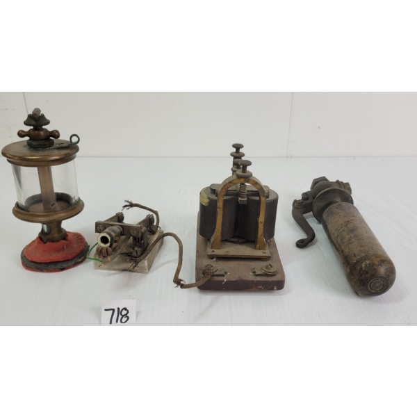 LOT OF 3 - BRASS TRAIN WHISTLE, TELEGRAPH KEY PARTS & POWELL'S DRIP OILER