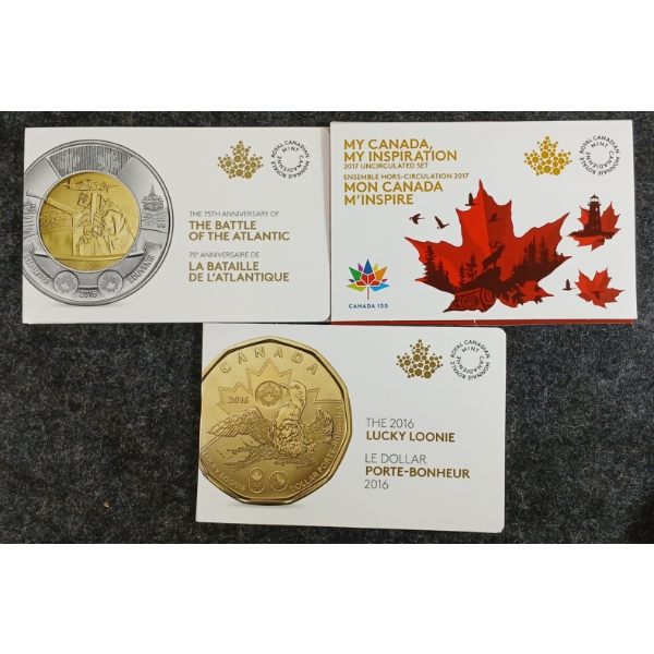 LOT OF 3 - 2017 CDN, 2016 $1 & $2 CDN UNCIRCULATED SETS - THE LUCKY LOONIE, BATTLE OF THE ATLANTIC