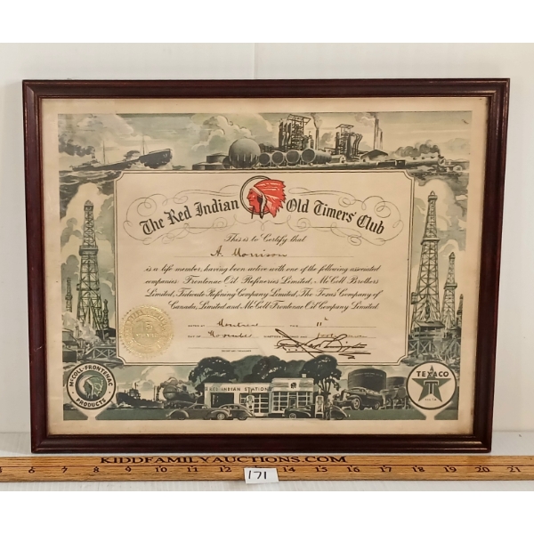 THE RED INDIAN OLD TIMERS CLUB - 15 YEAR FRAMED CERTIFICATE