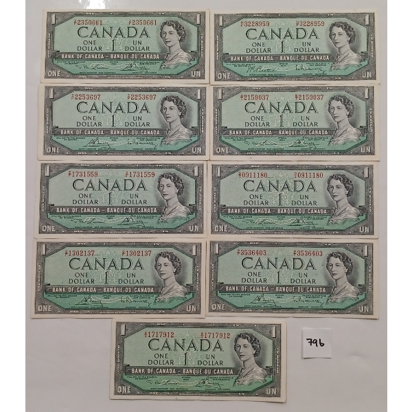 LOT OF 9 - 1954 CDN $1 BANKNOTES