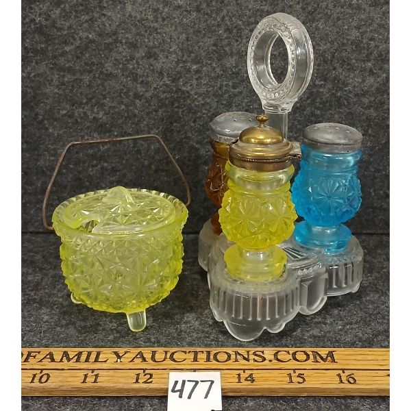 LOT OF 5 - EARLY AMERICAN PRESSED GLASS CRUET SET & CONDIMENT CAULDRON - DAISY & BUTTON PATTERN 