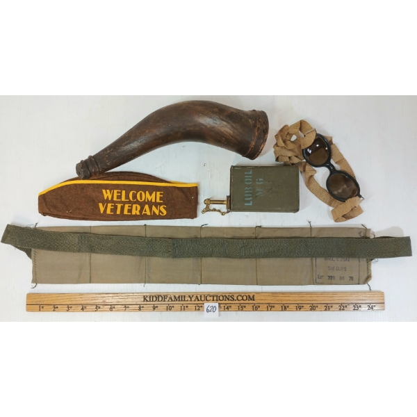 LOT OF 5 - GOGGLES, CARVED POWDER HORN, "WELCOMR VETERANS" CAP, OIL CAN & AMMO POUCH BELT