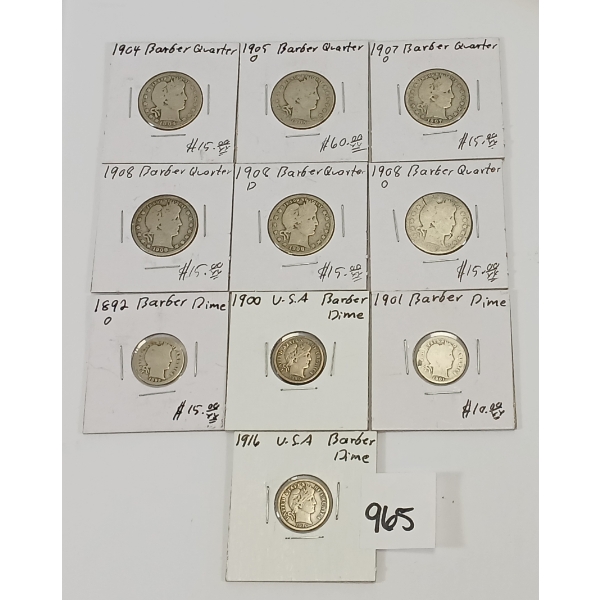 LOT OF 10 - U.S. SILVER BARBER 5 CENT & 25 CENT PCS
