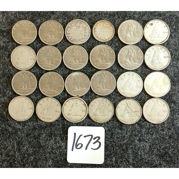 LOT OF 24 - 1913-1969 CDN 10 CENT COINS & 1899 5 CENT COIN