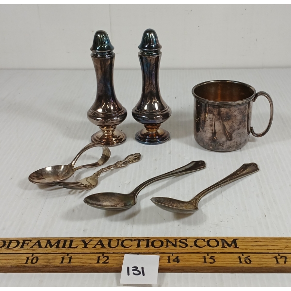 LOT OF 7 - SILVER PLATED CUP, SPOON, FORK & SALT & PEPPER SHAKER