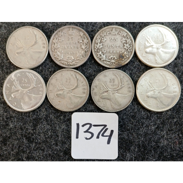 LOT OF 8 - 1888-1968 CDN 25 CENT COINS
