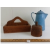 Image 2 : LOT OF 3 - WOOD BUTTER MOLD, WHAT-NOT BASKET & ENAMEL KETTLE