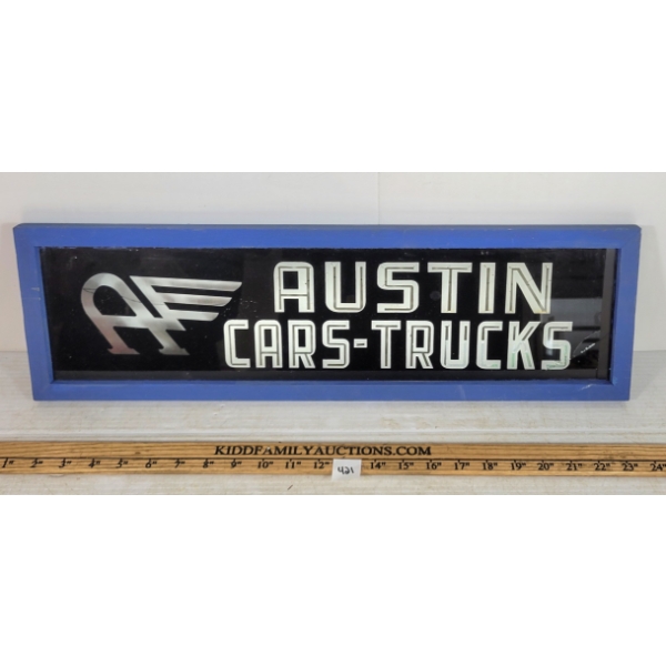 AUSTIN CARS-TRUCKS REVERSE PAINTED SIGN
