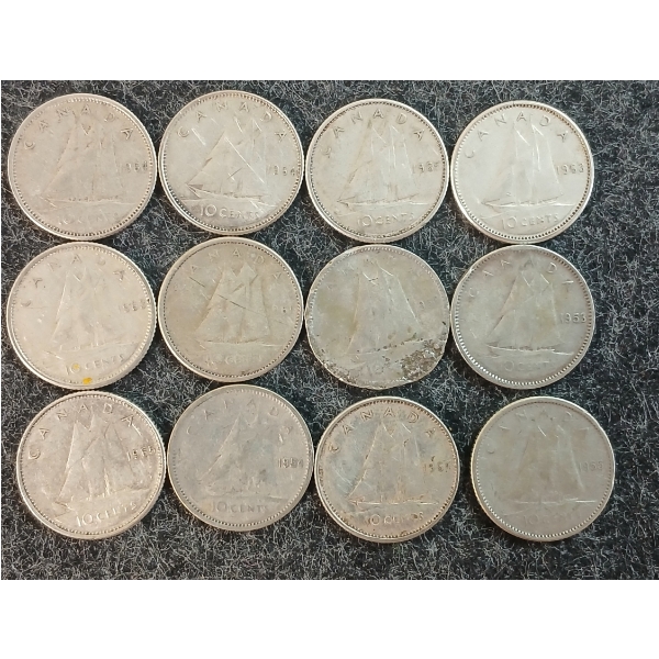 LOT OF 12 - 1950-1965 CDN 10 CENT COINS