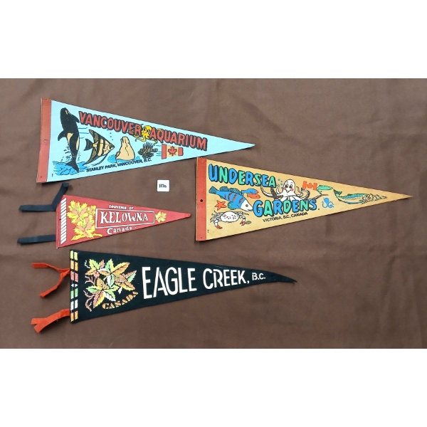 LOT OF 4 - BRITISH COLUMBIA PENNANT BANNERS - UNDERSEA GARDENS & VANCOUVER AQUARIUM