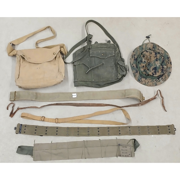 JOB LOT - CDN GAS MASK BAG, MISC WEB GEAR, FIELD SUN HAT, CARTRIDGE BELT, ETC