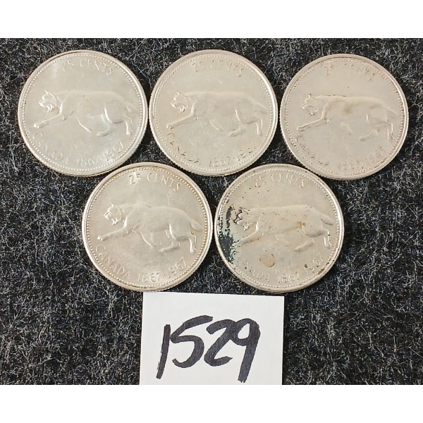 LOT OF 5 - 1967 CDN 25 CENT SILVER COINS