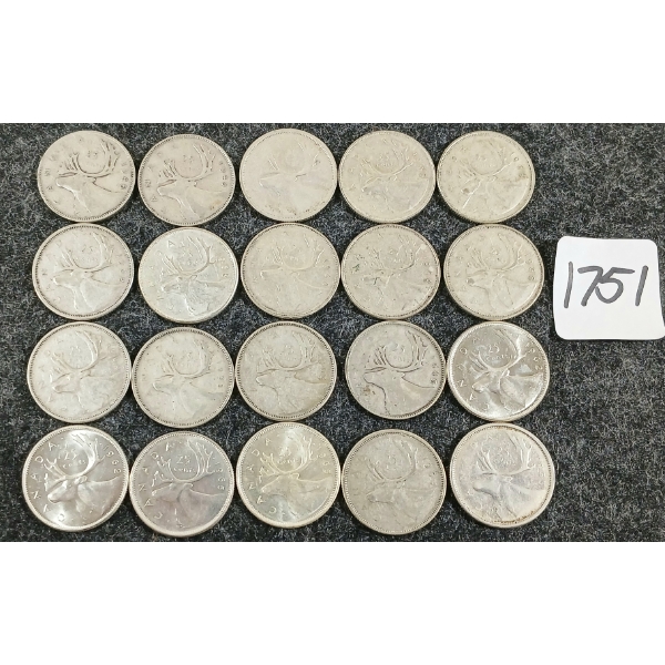 LOT OF 20 - 1945-1968 CDN 25 CENT COINS