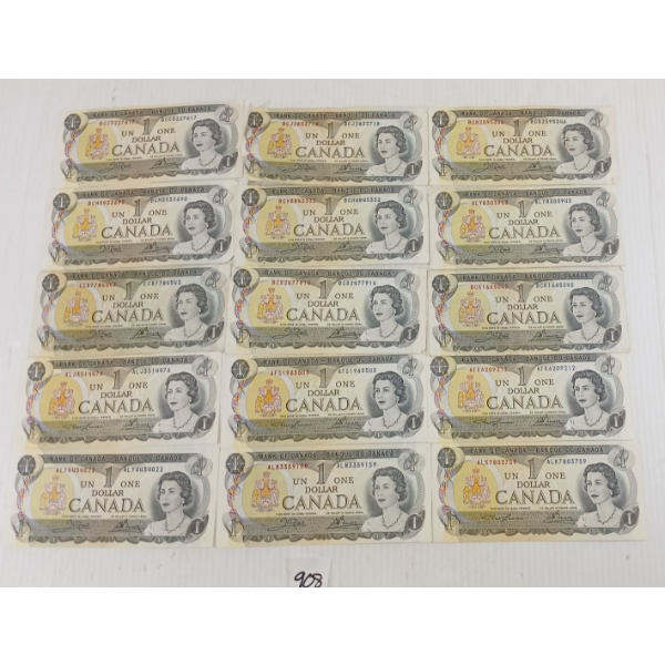 LOT OF 15 - 1973 CDN $1 BANKNOTES