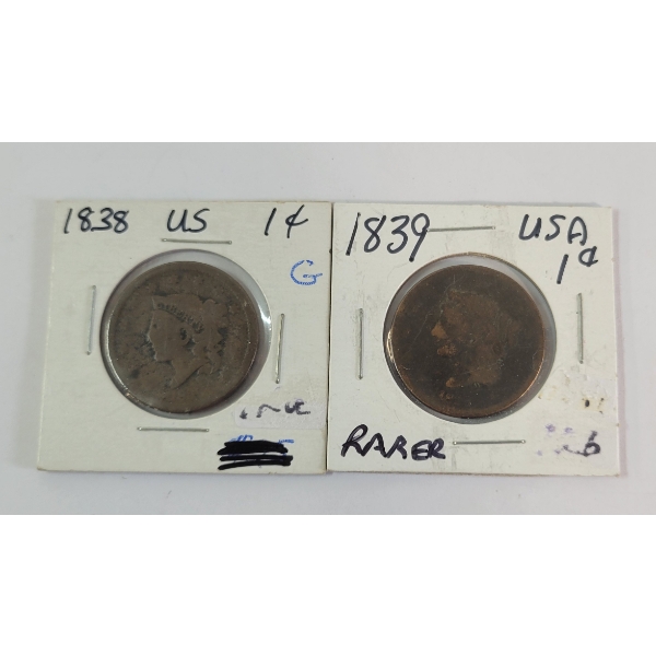 LOT OF 2 - 1838 & 1839 US LARGE PENNIES