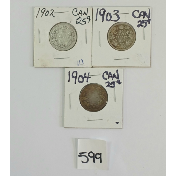 LOT OF 3 - 1902-1904 CDN 25 CENT SILVER COINS