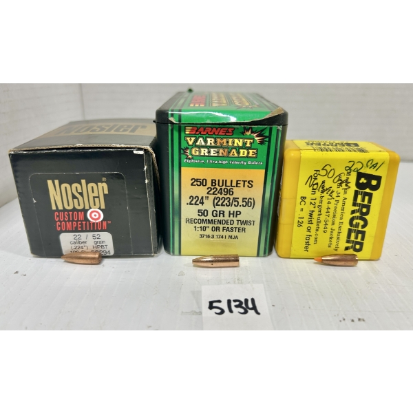 BULLETS: APPROX 225X .22 CAL - 52 GR & 50 GR HP & POLY TIP