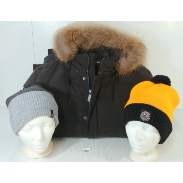 LOT OF 3 - MINIMUM BLACK DOWN WINTER JACKET & BRIXTON HATS