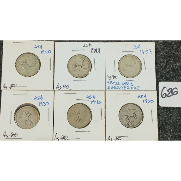 LOT OF 6 - 1937-1953 CDN 25 CENT COINS